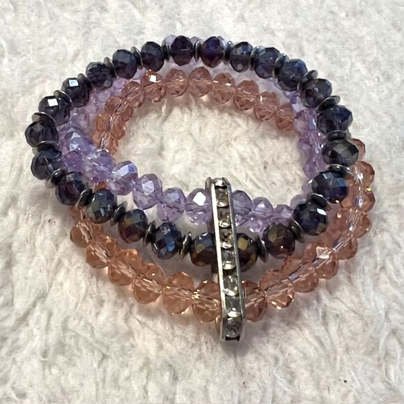 3 Strand Lavander Tan Faceted Beads Silvertone Rhinestone Band Elastic Bracelet - Picture 2 of 4